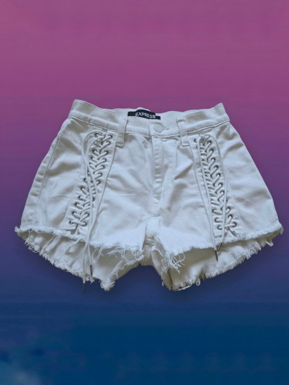 Express White Lace Up Sides High Rise Jeans Shorts with Frayed Hem size 00